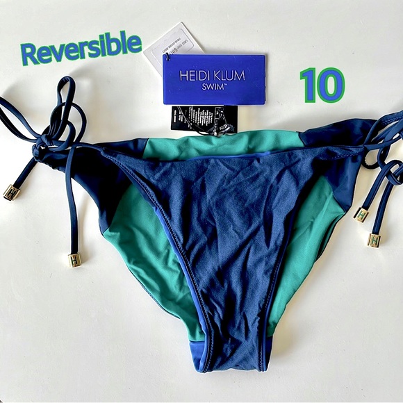 NWT (L) HEIDI KLUM reversible color block V string bikini bottom 10 navy blues - Picture 11 of 13